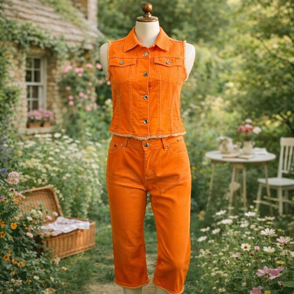 Escada Pants - Vintage Y2K Escada Sport Two Piece Neon, orange, pant, vest, denim, set